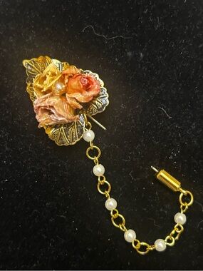 Gold Floral Rose Chain Lapel Pin with Pearls - Women's Jewelry